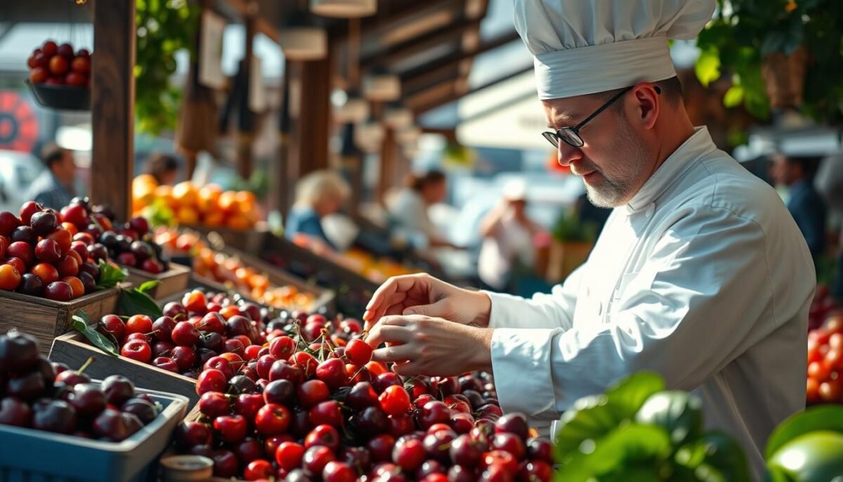 choosing cherries at the market