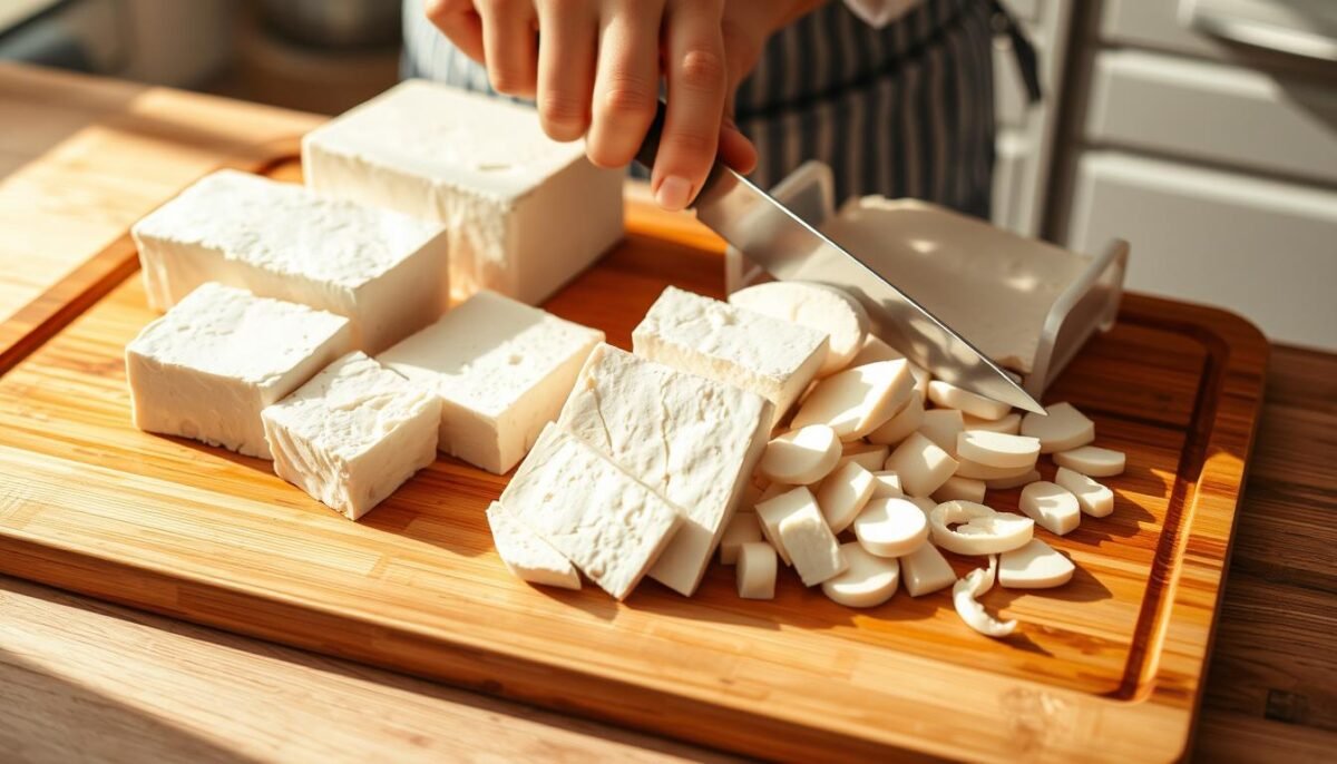 pressing and cutting tofu