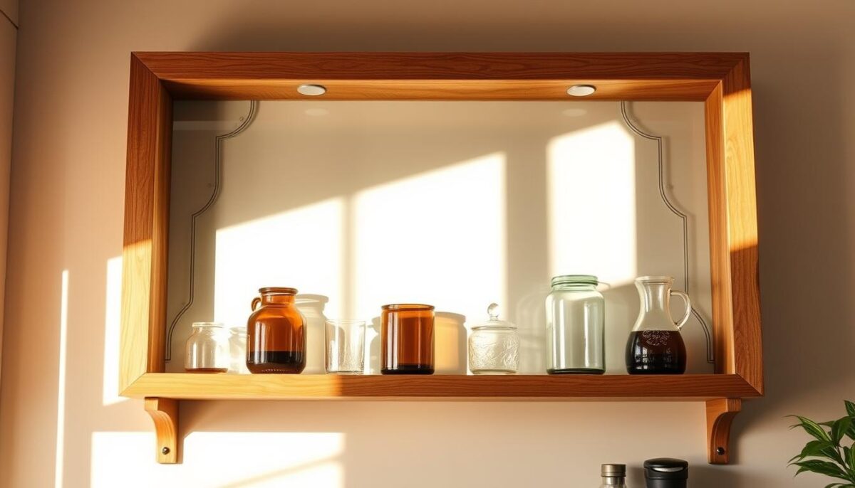 A beautifully crafted custom wood shelf with intricate glass inserts, standing elegantly against a backdrop of warm, natural light. The shelf's sturdy, rustic frame is constructed from high-quality, hand-selected oak, its grain and texture meticulously accentuated. The glass panels, strategically placed, allow the display of decorative items, creating a visually compelling and functional storage solution. Soft, diffused lighting casts a gentle glow, highlighting the shelf's craftsmanship and the carefully curated items it showcases. The overall composition exudes a sense of warmth, simplicity, and a touch of modern farmhouse charm, perfectly suited for a cozy DIY coffee bar setup.