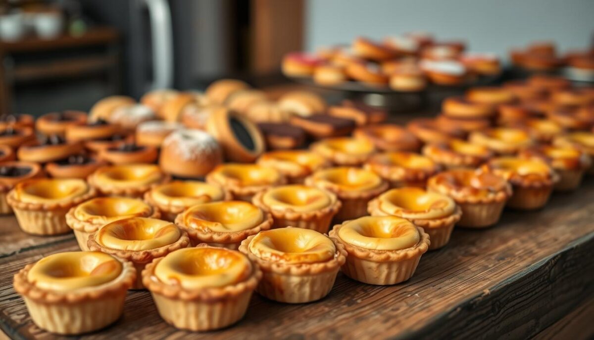 A beautifully curated display of freshly baked Portuguese pastries on a rustic wooden table. In the foreground, an assortment of golden, flaky pastéis de nata - the iconic custard tarts - arranged with meticulous care. In the middle ground, a selection of other traditional Portuguese delicacies, such as luscious chocolate-filled pastries and delicate, sugar-dusted pastries. The lighting is soft and warm, creating a cozy, inviting atmosphere. The camera angle is slightly elevated, allowing the viewer to appreciate the artful presentation of these beloved treats. The overall mood is one of comforting nostalgia and the celebration of Portuguese culinary heritage.