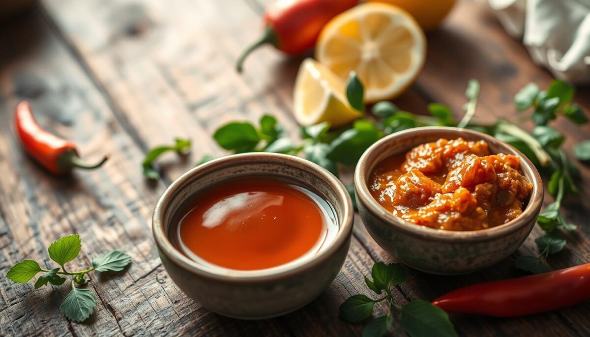 A beautifully lit close-up shot of freshly prepared Thai fish sauce and shrimp paste, styled on a rustic wooden table. The sauces are presented in small ceramic bowls, their rich, amber hues glistening under soft, warm lighting. Surrounding the bowls are organic, natural elements such as fresh herbs, chili peppers, and a few lemon wedges, creating a harmonious, authentic Thai kitchen scene. The image has a depth of field that keeps the sauces in sharp focus, while the background is subtly blurred, emphasizing the star ingredients. The overall mood is one of simplicity, flavor, and the comforting familiarity of traditional Thai cuisine.