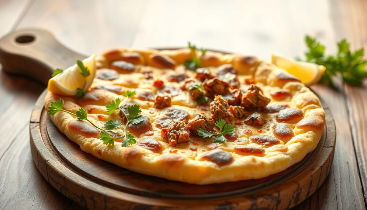 A beautifully presented Turkish flatbread, known as Lahmacun, freshly baked and served on a rustic wooden board. The flatbread is golden-brown, with a slightly charred and crispy exterior, revealing its delectable spiced meat and vegetable filling. Sprigs of vibrant green parsley and lemon wedges are artfully arranged around the bread, adding a refreshing contrast. The composition is lit by warm, natural light, casting a soft, inviting glow over the scene. The overall impression is one of authentic, homemade Turkish cuisine, ready to be enjoyed.
