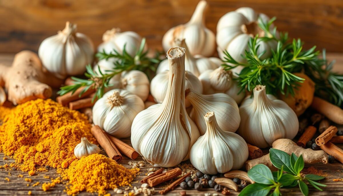 A bountiful arrangement of fresh garlic bulbs, vibrant spices, and aromatic herbs, set against a warm, rustic backdrop. The focal point is a cluster of garlic, its papery skin peeled back to reveal the ivory cloves, surrounded by a scattering of whole and ground spices such as turmeric, ginger, cinnamon, and black pepper. Complementing this, a selection of leafy green herbs like rosemary, thyme, and oregano add depth and texture. The lighting is soft and natural, casting a golden glow over the scene, evoking a sense of comfort and wellness. The overall composition is balanced and inviting, highlighting the immune-boosting power of these simple, everyday ingredients.