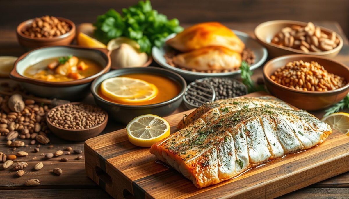 A bountiful still life of protein-rich superfoods arranged on a rustic wooden table. In the foreground, a platter of grilled salmon fillets glistening with lemon and herbs, accompanied by a hearty bowl of chicken noodle soup. In the middle ground, a plate of free-range chicken breasts, roasted to golden perfection, and a pile of earthy, nutrient-dense lentils. The background features a selection of nuts, seeds, and whole grains, creating a well-balanced and visually appealing composition. The lighting is warm and natural, casting a soft glow across the scene, emphasizing the vibrant colors and textures of these immune-boosting ingredients. Captured with a shallow depth of field, the image focuses the viewer's attention on the star players of this nutritious spread.