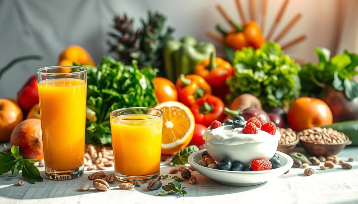 A bountiful table laden with a vibrant array of fresh fruits, vegetables, nuts, and whole grains, bathed in warm, natural lighting. In the foreground, a glass of fresh orange juice and a bowl of creamy yogurt with berries, symbolizing the nourishing blend of nutrients essential for bolstering the immune system. In the middle ground, a variety of leafy greens, colorful bell peppers, and immune-boosting citrus fruits, arranged in a visually appealing and balanced composition. In the background, a serene, airy setting with hints of natural textures, conveying a sense of wholesome well-being. The overall scene exudes a calming, inviting atmosphere, encouraging the viewer to embrace the power of a nutrient-rich, balanced diet to support and strengthen the body's natural defenses.