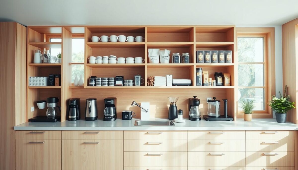 A bright, airy kitchen with an organized, vertically-stacked coffee bar setup. The countertop is free of clutter, with a sleek, minimalist design. Floor-to-ceiling shelves hold a variety of coffee mugs, bags of beans, and brewing equipment, neatly arranged and easily accessible. Warm, natural lighting filters in through large windows, casting a cozy glow on the light-colored wood cabinetry and backsplash. The overall impression is one of efficiency, functionality, and visual harmony, showcasing how vertical storage can maximize limited counter space.