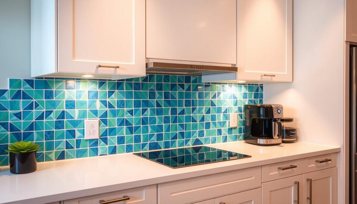 A bright, modern kitchen with a bold, eye-catching backsplash design. The backsplash features a vibrant, geometric pattern in shades of blue, green, and white, creating a striking visual contrast against the clean, white cabinets and countertop. Warm, directional lighting casts a soft glow, accentuating the depth and texture of the tile. The backsplash extends from the countertop to the ceiling, making it the focal point of the space. The overall atmosphere is one of contemporary, yet inviting, elegance, perfectly suited for a cozy coffee bar setup.