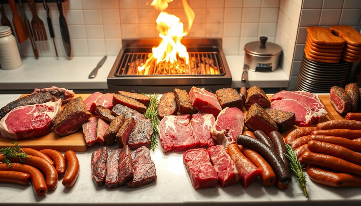 A bright, well-lit kitchen countertop showcasing a diverse selection of premium Argentinian beef cuts, including juicy rib-eye steaks, tender flank steaks, and flavorful skirt steaks. Alongside the meats, an array of traditional Argentinian sausages, such as chorizo and morcilla, are displayed. In the background, a wood-fired grill with glowing embers sets the stage for the upcoming asado. The scene conveys the essence of traditional Argentinian barbecue, where the careful selection of the finest cuts is paramount to delivering a truly memorable dining experience.