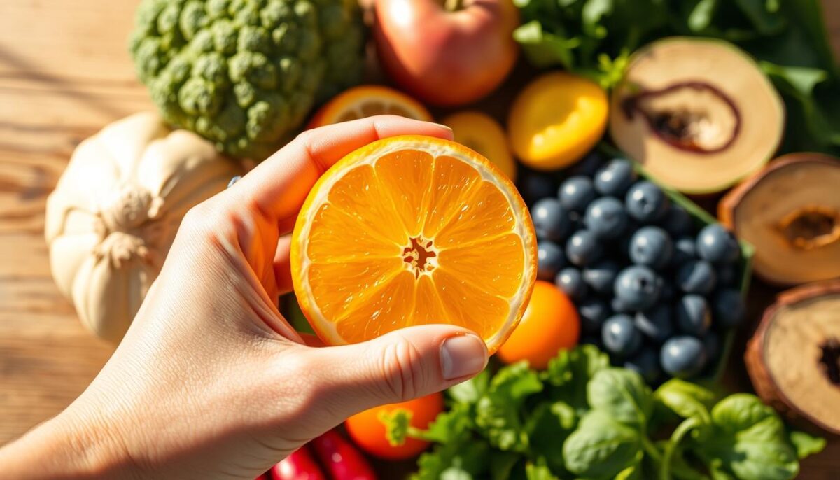 A brightly lit, close-up view of a human hand holding a fresh orange slice, representing a nutritious and vitamin-rich food. In the background, a vibrant array of other whole foods like broccoli, blueberries, and leafy greens, symbolizing a balanced, immune-boosting diet. The lighting is warm and natural, casting soft shadows and highlighting the textural details of the produce. The composition is carefully arranged to create a sense of harmony and the importance of proper nutrition for a healthy immune system.