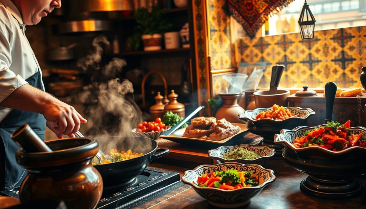 A bustling Lebanese kitchen, warm and inviting, with aromatic spices wafting through the air. In the foreground, a skilled chef deftly manipulates a sizzling pan, effortlessly tossing and turning fragrant ingredients. The middle ground showcases an array of traditional Lebanese cooking tools - a mortar and pestle grinding fresh herbs, a sharp cleaver slicing through tender meat, and an intricate ceramic dish brimming with vibrant garnishes. The background reveals the rich cultural heritage, with ornate tile work and vibrant textiles framing the scene. Soft, golden lighting casts a cozy glow, capturing the essence of the time-honored Lebanese culinary tradition.