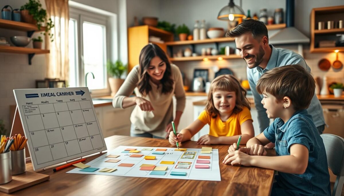 A cheerful family setting with two young children engaged in a meal planning activity. In the foreground, the kids sit at a wooden table, surrounded by colorful sticky notes, pencils, and a large calendar. Soft, warm lighting from a nearby window illuminates the scene, creating a cozy atmosphere. In the middle ground, the parents offer guidance and suggestions, pointing to the calendar and sharing healthy meal ideas. The background features a kitchen filled with fresh produce, cookbooks, and kitchen tools, hinting at the upcoming culinary adventure. The composition captures the collaborative spirit and excitement of involving children in the meal planning process.