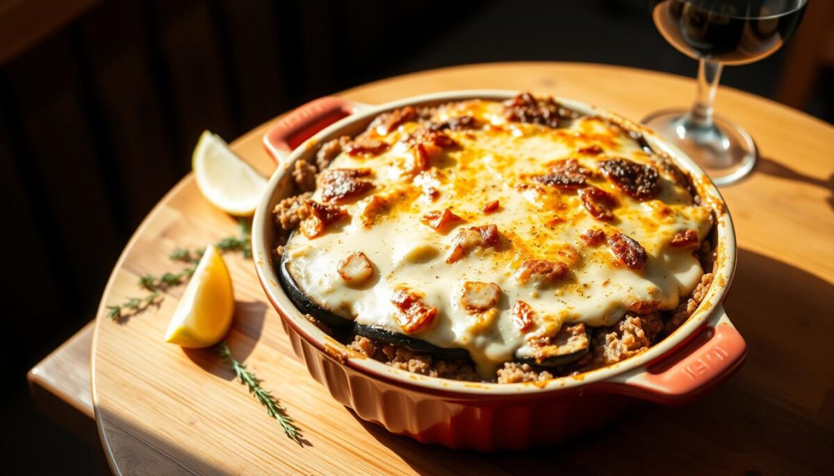 A classic Greek moussaka dish sits on a wooden table, bathed in warm, golden lighting. The casserole dish is filled with layers of tender eggplant, ground lamb, and a rich, creamy béchamel sauce. The top is golden-brown and slightly bubbly, inviting the viewer to take a hearty bite. Surrounding the dish are a few sprigs of fresh herbs, a lemon wedge, and a small glass of red wine, completing the traditional Greek dining scene. The moussaka is presented with care, showcasing the timeless recipe passed down through generations of Greek grandmothers.
