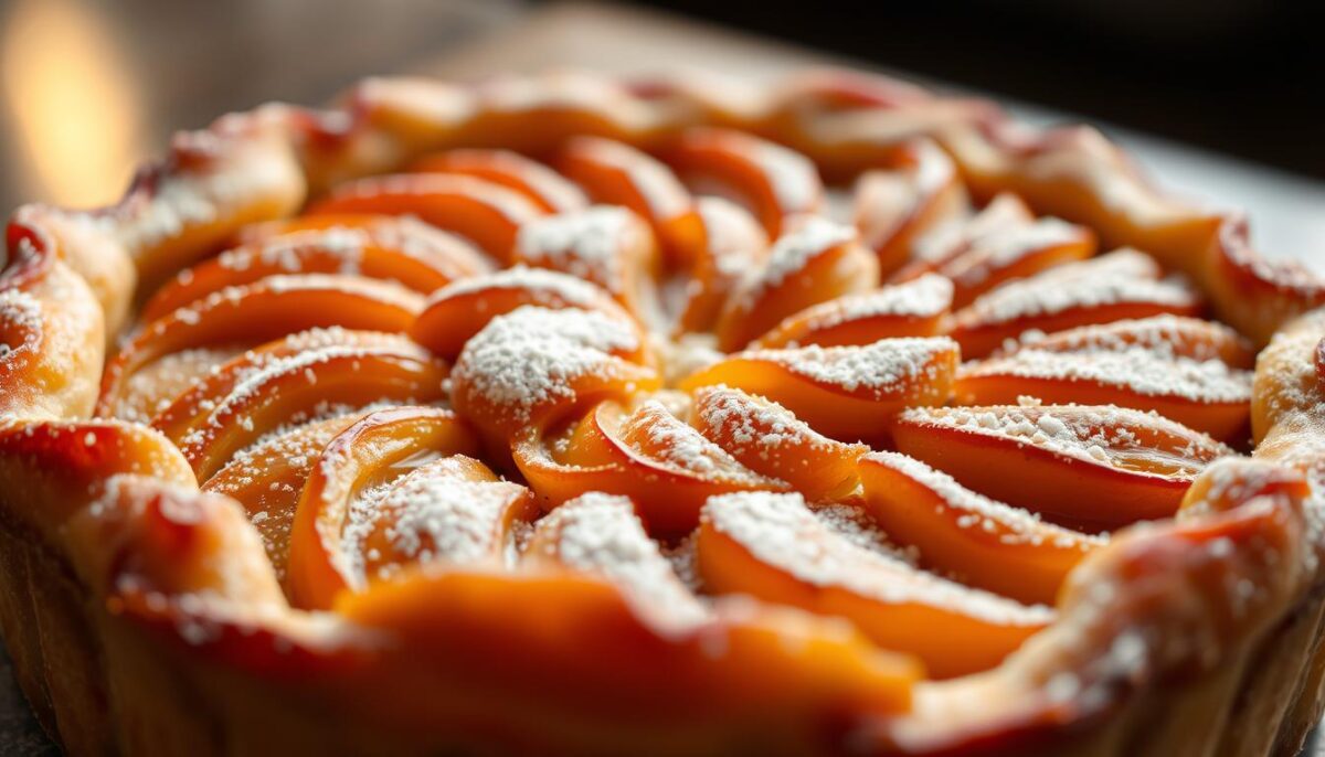 A close-up, carefully lit shot of a freshly baked, glistening Tarte Tatin - a classic French upside-down apple tart. The caramelized apples are arranged in a swirling, sun-kissed pattern, their edges curled and crisp. A dusting of powdered sugar lightly coats the surface, accentuating the rich, buttery pastry crust. The image is captured with a shallow depth of field, bringing the decadent dessert into sharp focus, while the background fades into a softly blurred elegance. This timeless French delicacy is presented in a way that evokes the charm and sophistication of a Parisian cafe.