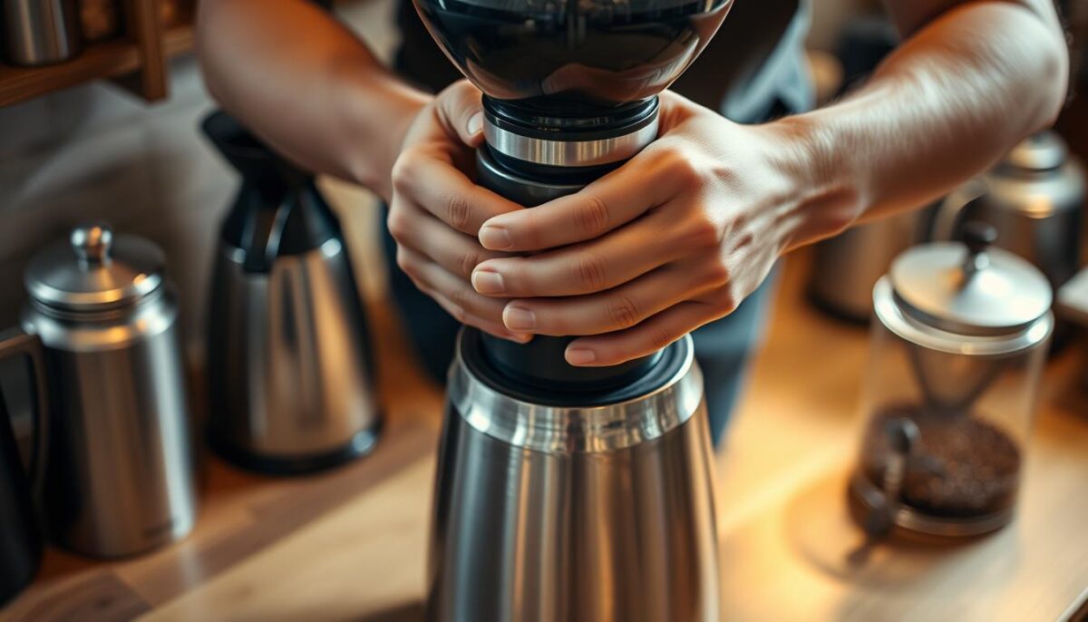 A close-up shot of a person's hands adjusting the settings on a high-quality coffee grinder. The grinder is made of sleek stainless steel and sits on a wooden countertop, surrounded by artisanal coffee paraphernalia. Soft, warm lighting illuminates the scene, creating a cozy, inviting atmosphere. The person's face is not visible, but their focused expression and precise movements convey a sense of care and attention to detail. The image suggests the importance of dialing in the perfect grind size for various brewing methods to extract the best flavors from the coffee.