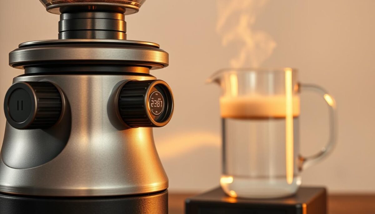 A coffee grinder with various grind size settings, positioned in the foreground. The grinder's metal body and grinding mechanism are rendered in intricate detail, showcasing the precision engineering. In the middle ground, a transparent glass beaker filled with steaming hot water, its temperature displayed on a digital readout. Soft, warm lighting illuminates the scene, casting subtle shadows that highlight the textures and forms. The background is a minimalist, monochromatic backdrop, placing the focus squarely on the coffee equipment and the interplay of grind size and water temperature, the key variables in the science of professional-level coffee brewing.