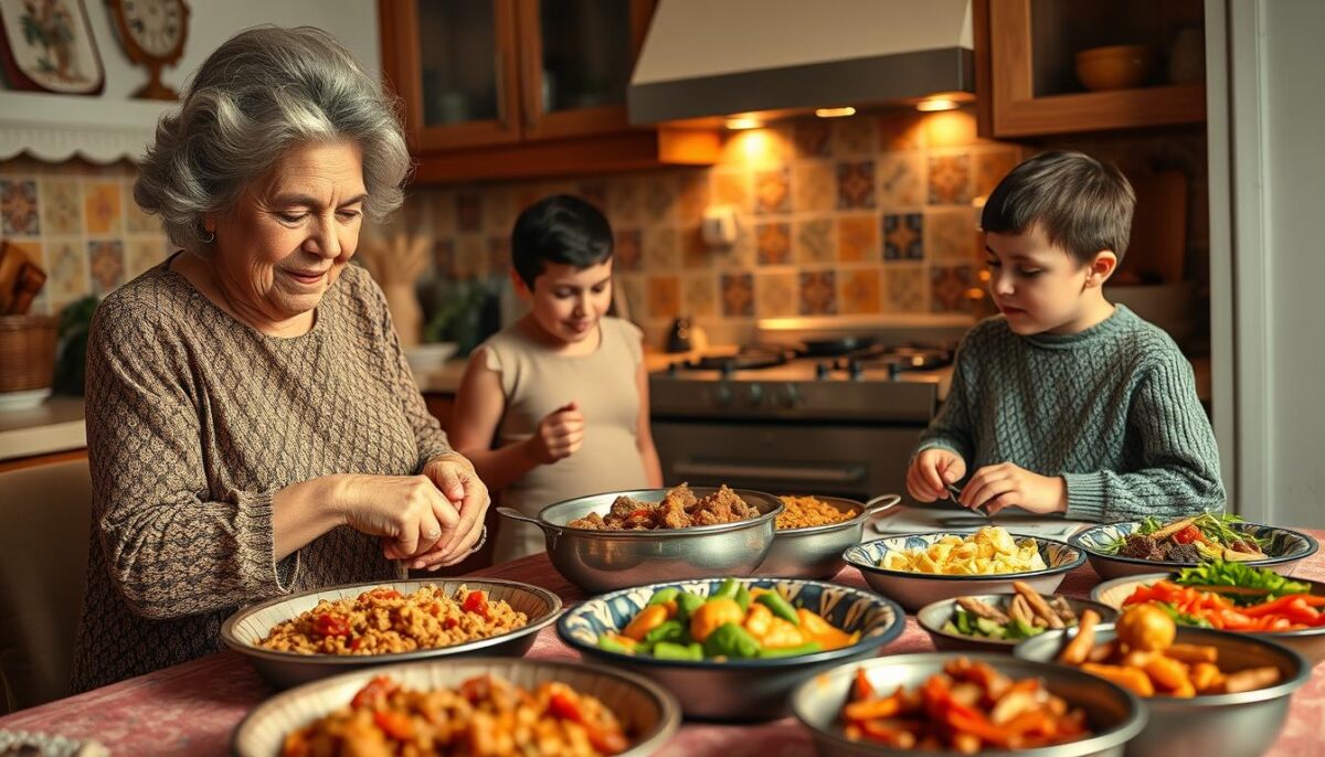 A cozy kitchen filled with the aroma of traditional Lebanese spices, a family gathered around a table adorned with homemade dishes. In the foreground, a grandmother carefully teaching her grandchildren the secrets of her famous kibbeh recipe, her hands guiding theirs as they knead the bulghur and lamb mixture. In the middle ground, a mother sets the table with an array of colorful mezze plates, each one a story passed down through generations. The background features a vibrant tile backsplash, casting a warm glow over the scene, evoking the rich cultural heritage of Lebanon. Soft, diffused lighting illuminates the family's faces, their expressions filled with joy and a sense of belonging. This is a moment of connection, where the past and present come together in a celebration of Lebanese culinary traditions.