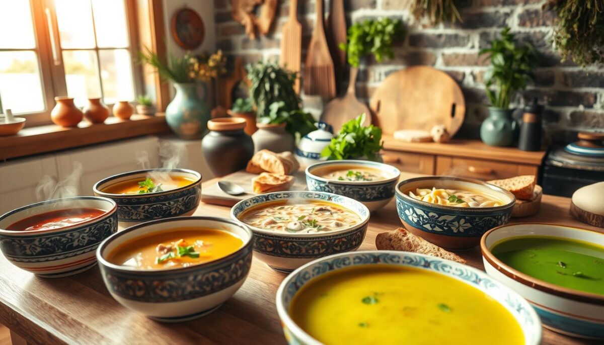 A cozy kitchen setting, bathed in warm, natural lighting from large windows. In the foreground, a table laden with an array of Polish seasonal soups - hearty barszcz, creamy mushroom soup, fragrant chicken noodle, and vibrant green sorrel soup. Steaming bowls, garnished with fresh herbs and accompanied by crusty bread, invite the viewer to savor the comforting flavors. The mid-ground showcases beautifully decorated pottery and wooden serving platters, while the background features a rustic brick wall adorned with seasonal produce and dried herbs. The overall scene exudes the essence of Polish culinary traditions and celebrates the joy of sharing nourishing, home-cooked meals throughout the year.
