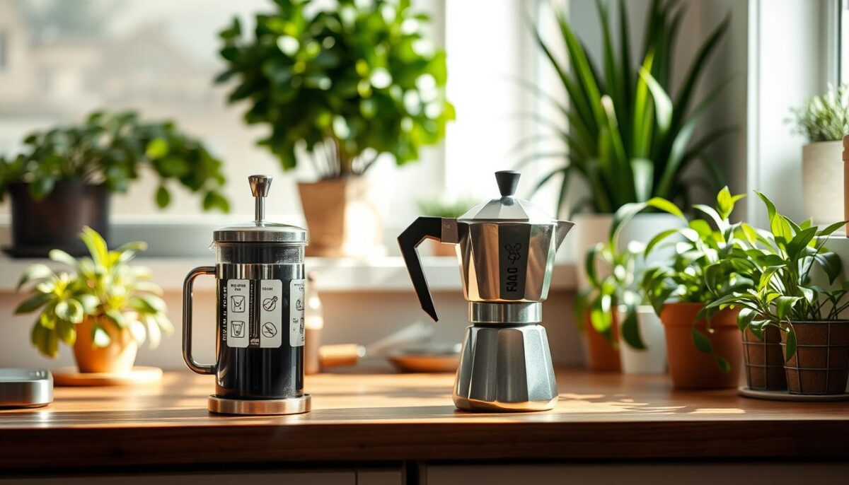 A cozy kitchen setting with a French press and a Moka pot on a wooden counter. Soft, natural lighting floods the scene, highlighting the earthy tones of the coffee-making equipment. In the background, lush greenery and potted plants add an eco-friendly ambiance. The counter is free of clutter, emphasizing the simplicity and mindfulness of the brewing process. The overall atmosphere conveys a sense of sustainability, inviting the viewer to consider the environmental impact of their coffee routine.