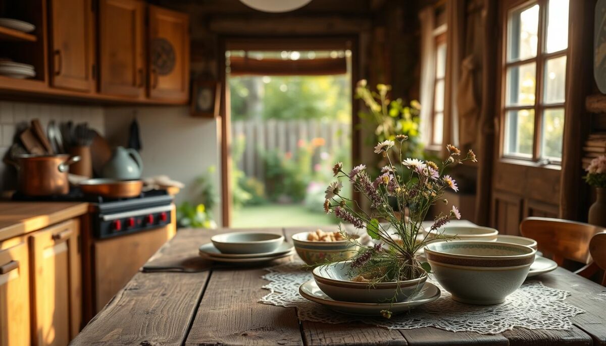 A cozy kitchen with a rustic, homey vibe. Wooden cabinets and a worn butcher block counter, with a tarnished copper pot simmering on the stove. The air is thick with the aroma of sautéed onions and garlic. In the foreground, a weathered wooden table is set with mismatched plates and bowls, a tattered lace tablecloth, and a vase of freshly-picked wildflowers. Through the window, a lush garden beckons, bathed in the soft, golden light of an afternoon sun. This is the intimate, heartwarming tableau of a Polish home cooking experience.