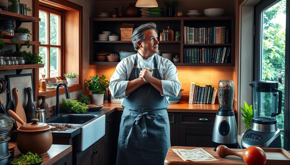 A cozy kitchen with warm lighting, countertops lined with spices, herbs, and cooking utensils. In the foreground, a chef wearing an apron stands thoughtfully, hands clasped, gazing out a window overlooking lush greenery. The middle ground features a blend of traditional and modern cooking tools, including a clay pot, a hand-carved wooden spoon, and a sleek, high-tech blender. In the background, a bookshelf displays a well-worn cookbook, a symbol of a lifetime of culinary exploration. The overall atmosphere conveys a sense of personal journey, reflection, and the joy of discovering new flavors and techniques.