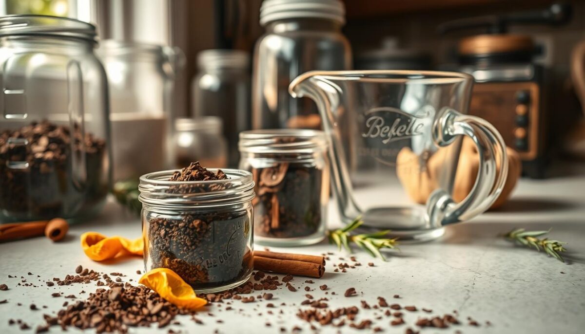 A cozy, well-lit kitchen countertop with an assortment of reused coffee grounds. In the foreground, a small glass jar filled with spent coffee grounds, the texture visible and the color ranging from deep brown to light tan. Surrounding it, a handful of dried orange peels, a few cinnamon sticks, and a sprig of fresh rosemary, hinting at potential repurposing. In the middle ground, a vintage-style glass measuring cup filled with coffee grounds, the contents spilling out slightly. In the background, a stack of empty jars and an old-fashioned coffee grinder, suggesting a well-stocked kitchen ready to breathe new life into used coffee grounds.