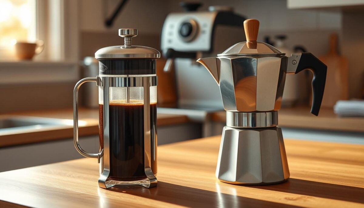 A cozy, well-lit kitchen setting with a French press and a Moka pot showcasing their versatility. The French press is being used to brew a rich, aromatic coffee, while the Moka pot is being used to prepare a strong, espresso-like brew. In the background, a sleek, modern espresso machine hints at the diverse coffee-making options available. Warm, natural lighting filters through the scene, creating a inviting atmosphere that emphasizes the versatility and alternative uses of these classic coffee brewing methods.