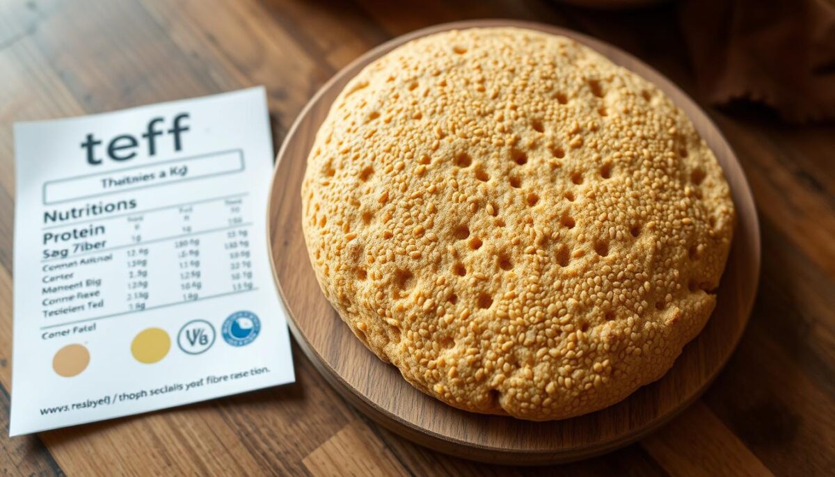A crisp, golden-brown teff flatbread, its surface dotted with small holes, rests atop a wooden board. The flatbread is accompanied by a plate displaying its nutritional information, including its high protein, fiber, and mineral content. The image is shot with natural lighting, creating a warm, earthy aesthetic that highlights the rustic textures and colors of the teff bread. The composition places the flatbread as the focal point, with the nutritional details providing context and emphasizing the healthful properties of this traditional Ethiopian staple.