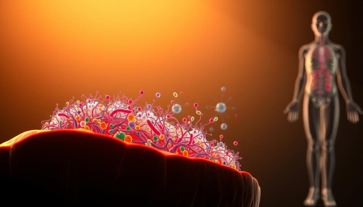 A cross-section of the gut-immune axis, illuminated by soft, warm lighting and captured through a high-resolution lens. In the foreground, a detailed illustration of the gut microbiome, with vibrant, diverse bacterial colonies interacting with the intestinal lining. In the middle ground, a network of immune cells, lymph nodes, and signaling pathways, highlighting the dynamic communication between the gut and the body's defense systems. In the background, a subtly rendered anatomical silhouette, emphasizing the systemic implications of this crucial physiological axis. The composition conveys a sense of scientific investigation, with a balanced, harmonious palette and a focus on the intricate, interconnected nature of gut health and immunity.