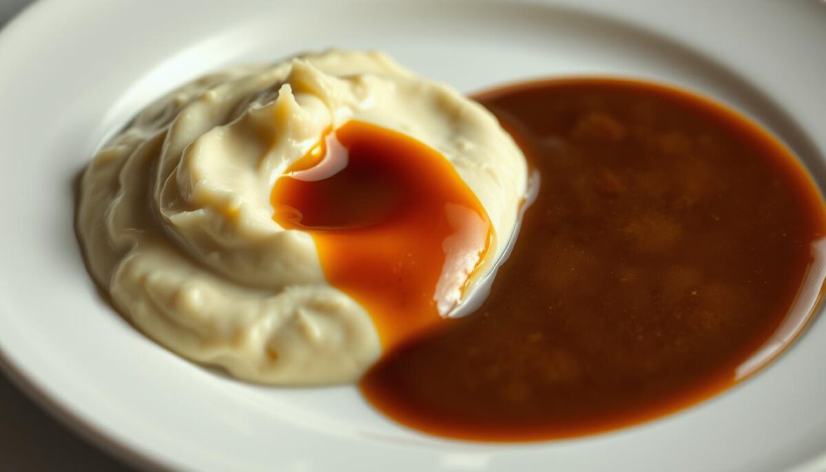A delectable blend of creamy horseradish sauce and rich, glossy gravy, artfully arranged on a pristine white plate. The horseradish sauce, with its vibrant hue and pungent aroma, contrasts beautifully with the deep, velvety brown of the gravy. Captured in soft, even lighting that accentuates the luscious textures, the scene evokes the comforting essence of a traditional British roast dinner. A subtle reflection in the plate's surface adds a touch of elegance, while the overall composition is framed by a clean, minimalist background, allowing the sauces to take center stage.