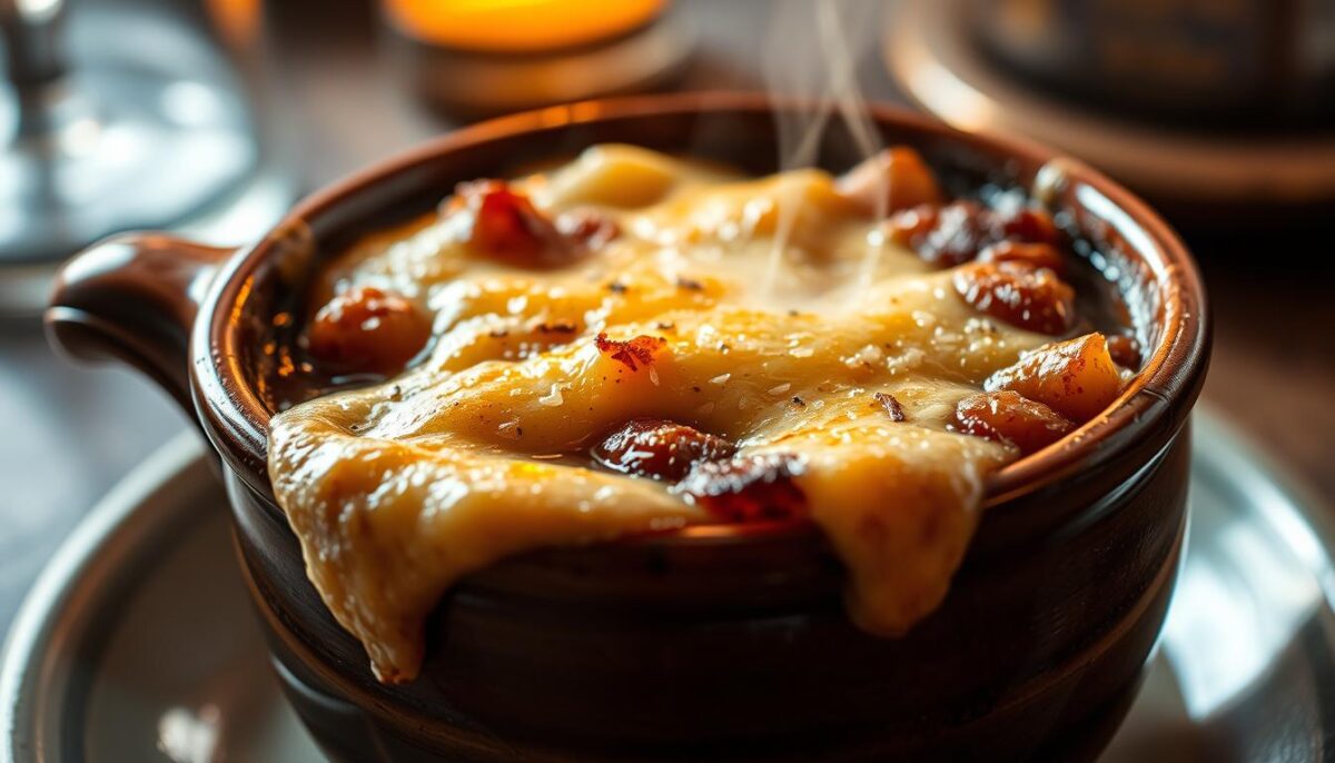 A delectable close-up of a perfectly golden-brown French onion soup gratinée, served in a rustic ceramic bowl. The thick, caramelized onion broth is nestled beneath a bubbly, melted layer of gooey Gruyère cheese, which cascades over the edges. Wisps of steam rise from the piping hot soup, hinting at its rich, savory aroma. Ambient lighting casts a warm, cozy glow, highlighting the dish's rustic elegance. The scene evokes the quintessential comfort and indulgence of this classic French culinary delight.