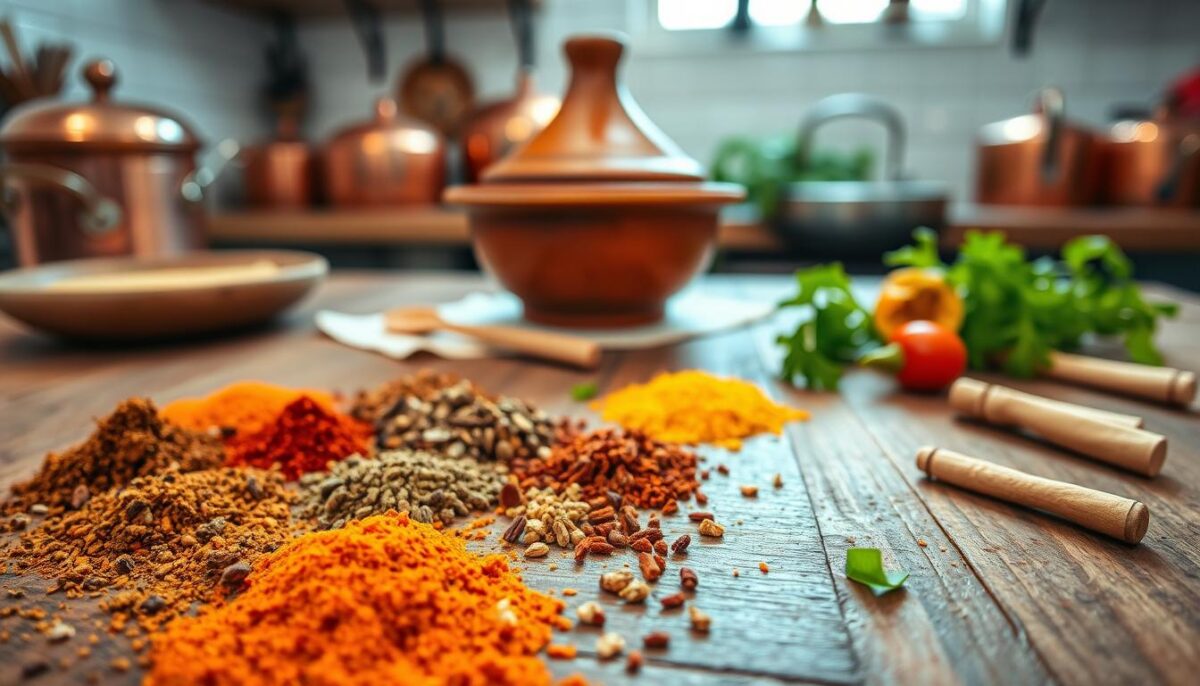 A delicate arrangement of Moroccan spices and condiments, elegantly dispersed across a rustic wooden surface. In the foreground, the rich hues of cumin, paprika, and turmeric create a vibrant tapestry, while in the middle ground, a hand-crafted tagine pot and freshly chopped herbs suggest the myriad culinary possibilities. The background features a softly-lit kitchen scene, with copper pots and pans reflecting the warm, earthy tones. The composition radiates an air of creativity and experimentation, inviting the viewer to explore the versatile applications of this captivating Moroccan spice blend.