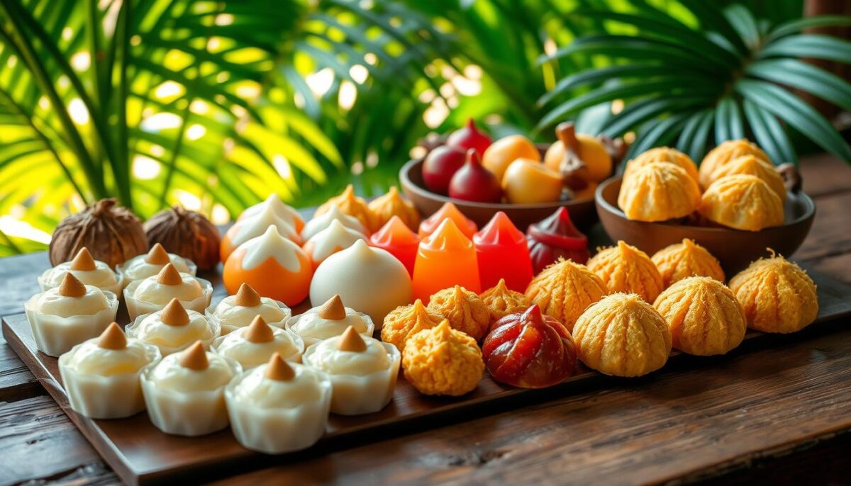 A delightful arrangement of traditional Thai coconut-based sweets, artfully presented on a rustic wooden table. In the foreground, an array of vibrant, bite-sized delicacies – from delicate, translucent mung bean-filled coconut-milk puddings to sumptuous, golden-hued coconut macaroons. In the middle ground, a selection of intricately shaped and colored jellies, each glistening with a subtle sheen. In the background, a backdrop of lush, verdant tropical foliage, casting a warm, diffused lighting that enhances the natural sweetness and allure of these authentic Thai desserts. The overall scene evokes a sense of harmony, balance, and the rich culinary heritage of Thailand.