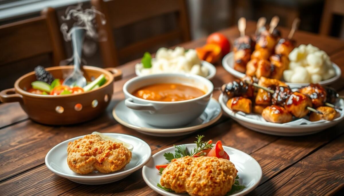 A delightful spread of kid-friendly chicken dishes laid out on a rustic wooden table, with a soft, warm lighting illuminating the scene. In the foreground, a plate showcases a savory chicken nugget, lightly breaded and golden-brown, accompanied by a vibrant mix of steamed vegetables and a creamy dipping sauce. In the middle ground, a hearty chicken soup simmers in a ceramic bowl, its aromatic steam wafting upwards. In the background, a platter of colorful chicken skewers, each piece perfectly grilled and glazed, alongside a serving of fluffy, buttery mashed potatoes. The overall atmosphere is cozy and inviting, enticing young appetites to dive in and enjoy these delectable chicken-based recipes.