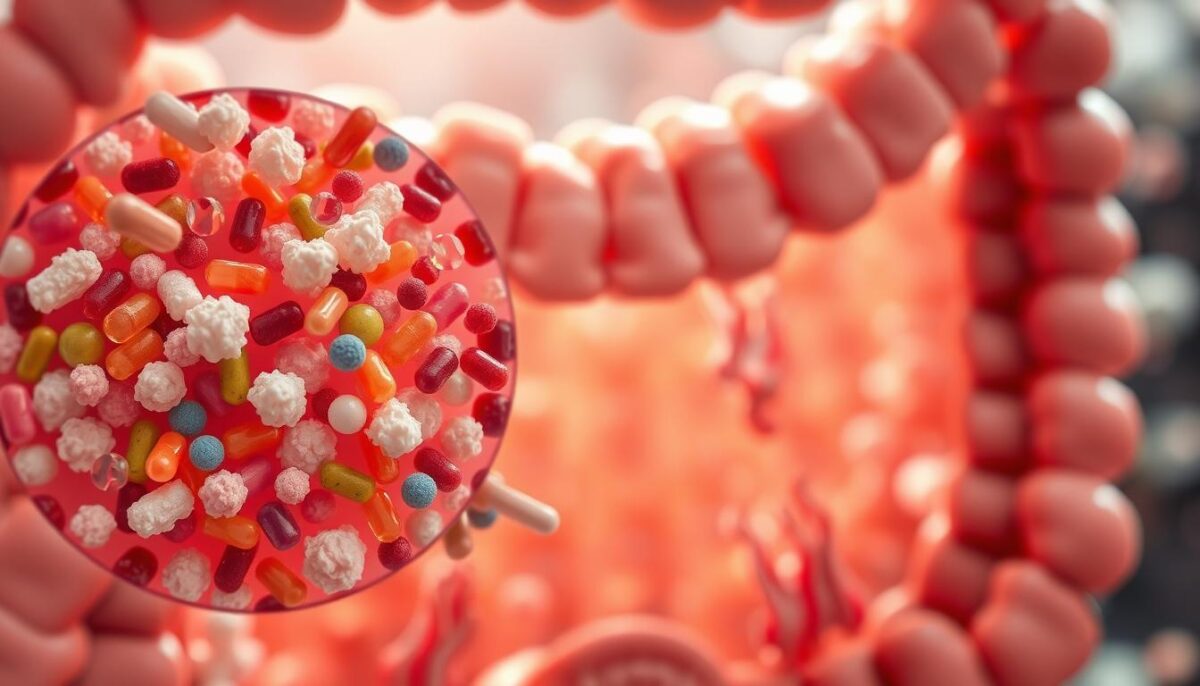 A detailed cross-section of the human gut, showcasing the intricate balance between antibiotics and gut microbiota. In the foreground, a microscopic view of diverse gut bacteria, their vibrant colors and intricate shapes contrasting with the white, crystalline structure of antibiotics. The middle ground depicts the intricate network of intestinal villi, absorbing nutrients while grappling with the disruptive effects of the antibiotics. In the background, a hazy, soft-focus representation of the gut lining, the delicate harmony between beneficial and pathogenic microbes highlighted by the interplay of light and shadow. Rendered in a realistic, high-resolution style, the overall composition conveys the profound impact of antibiotics on the fragile ecosystem of the human gut.