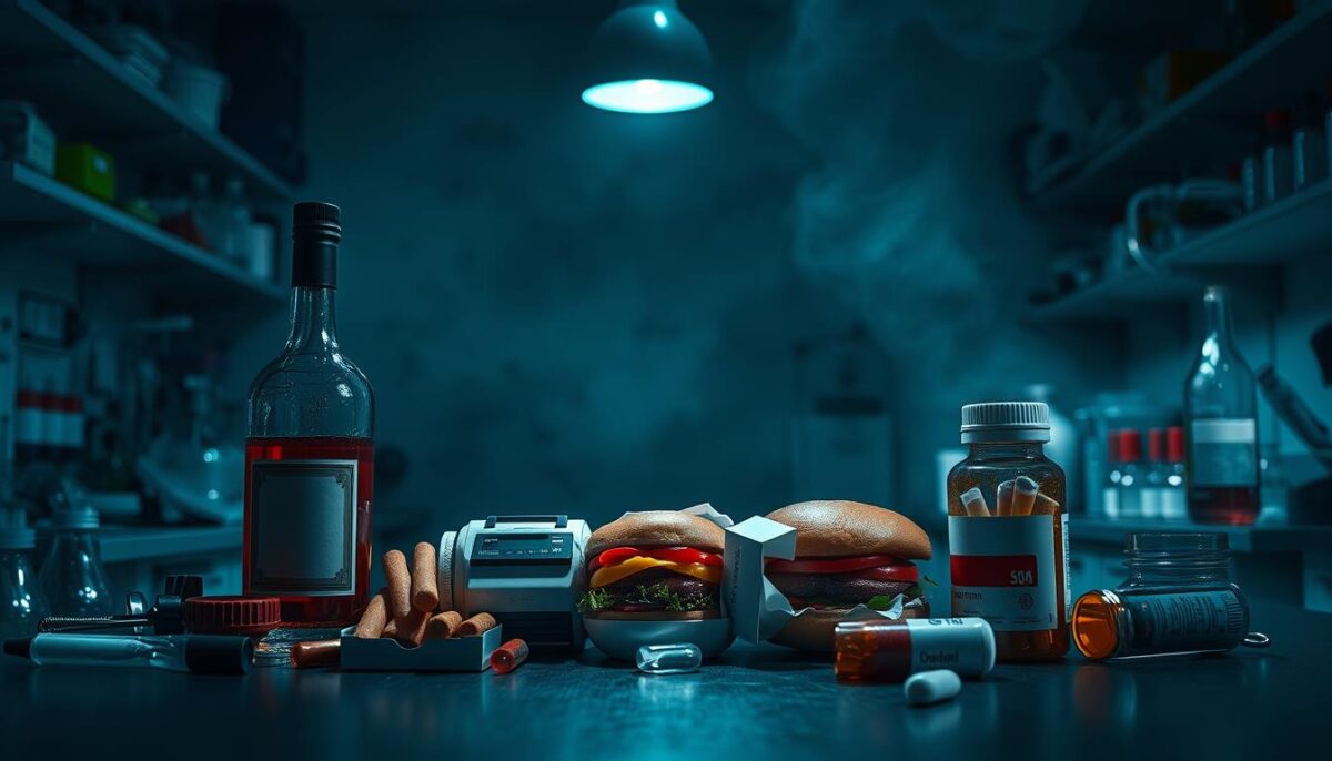 A dimly lit laboratory workspace, with various scientific instruments and glassware scattered across the countertops. In the foreground, a collection of common immunity disruptors are displayed, including a bottle of alcohol, a pack of cigarettes, a fast food burger, and a pill bottle. The lighting is harsh, casting dramatic shadows and highlighting the unhealthy nature of these items. The background is hazy, with a sense of unease and an ominous atmosphere, emphasizing the negative impact these elements can have on the immune system.