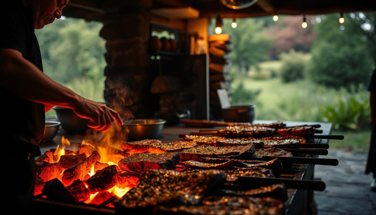 A dimly lit, rustic outdoor kitchen scene. In the foreground, a skilled asador carefully tends to glowing embers in a traditional Argentine parrilla grill, coaxing out the perfect smoky flavors. The middle ground showcases an array of premium cuts of meat, seasoned with a blend of herbs and spices, ready to be seared to perfection over the burning coals. In the background, a lush, verdant landscape sets the stage for this authentic asado experience, evoking the essence of Argentinian barbecue culture. The lighting is warm and atmospheric, casting a golden glow over the scene, and the camera angle captures the intimate, hands-on nature of this time-honored culinary ritual.