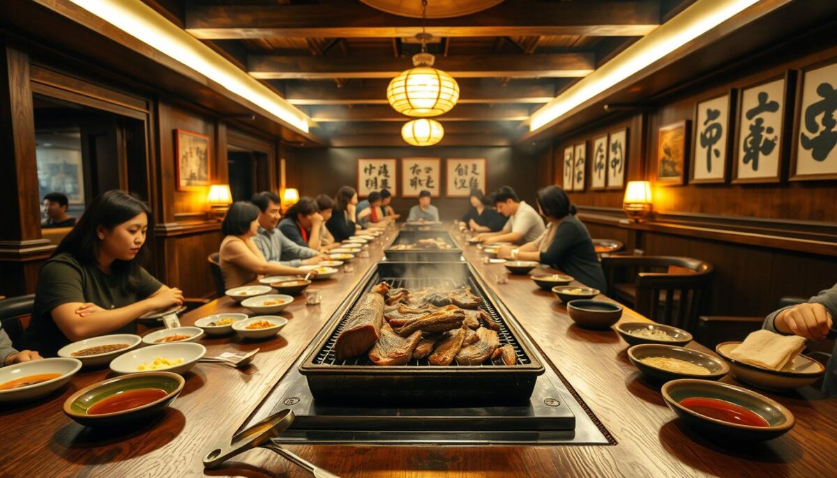 A dimly lit traditional Korean BBQ restaurant, with a long wooden table at the center. On the table, a charcoal grill sits in the middle, surrounded by various banchan (side dishes) and sauces. In the foreground, a pair of metal tongs and a ladle rest next to the sizzling meat. The middle ground features groups of friends and families gathered around the table, engaged in lively conversation as they grill and share the food. The background showcases the warm, cozy atmosphere with soft lighting, exposed wooden beams, and traditional Korean artwork adorning the walls. The image evokes a sense of cultural heritage, community, and the joy of sharing a cherished culinary tradition.