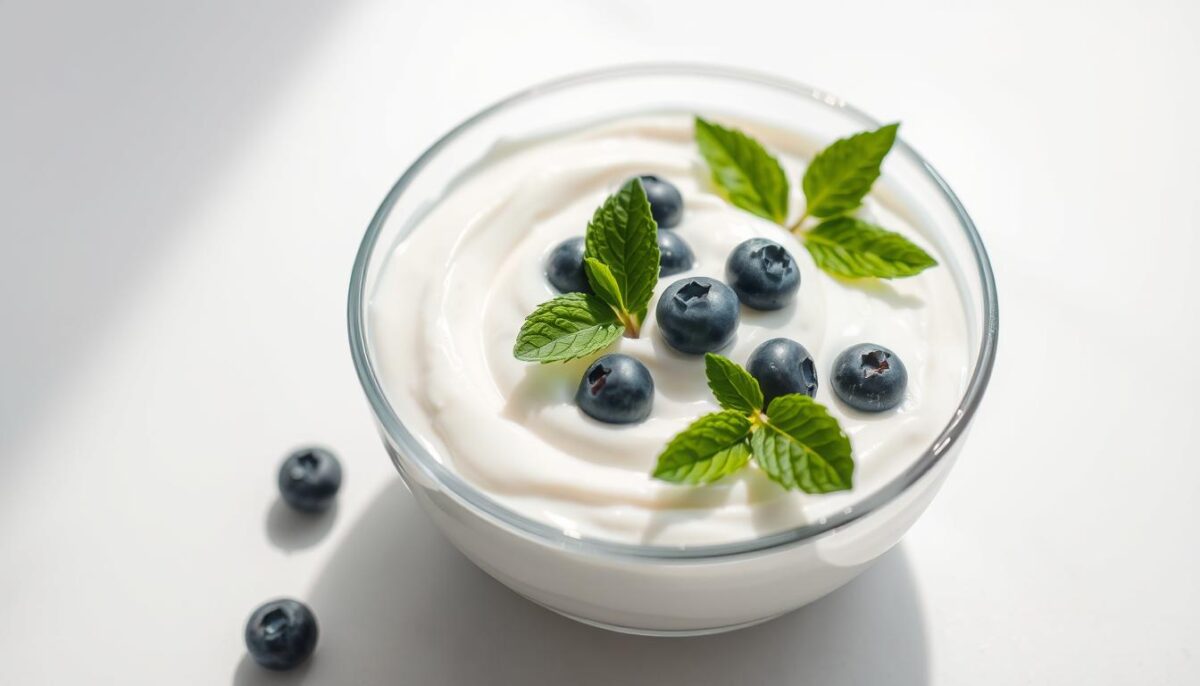 A glass bowl filled with creamy, light-colored probiotic yogurt, garnished with a scattering of fresh blueberries and a sprig of mint leaves. The yogurt has a smooth, silky texture and a tangy, slightly sweet flavor. The lighting is soft and natural, casting gentle shadows and highlights that accentuate the yogurt's creaminess and the vibrant colors of the berries and mint. The background is a clean, minimalist setting, allowing the yogurt and its accompaniments to be the focal point. The overall composition conveys a sense of purity, freshness, and the healthful benefits of probiotic-rich dairy for boosting immunity.