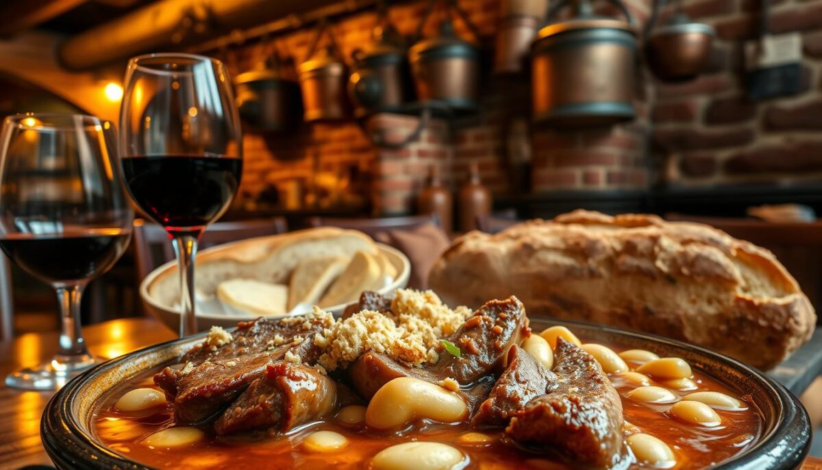 A hearty, rustic cassoulet with tender duck confit and succulent pork sausage, simmered in a rich, savory sauce. The scene is set in a cozy French bistro, with warm lighting casting a golden glow over the steaming dish. The foreground features the cassoulet, filled with tender meat and creamy white beans, garnished with crispy breadcrumbs. In the middle ground, a glass of robust red wine and a rustic loaf of crusty bread complement the meal. The background depicts a charming Parisian interior, with exposed beams, weathered brick walls, and vintage copper pots hanging overhead, conveying a sense of traditional French culinary heritage.