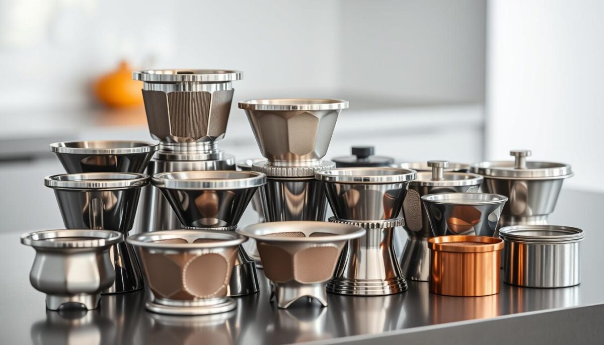 A high-quality, well-lit close-up photo of a selection of various portafilters for espresso machines, arranged neatly on a sleek, modern worktop. The portafilters should be displayed in an organized fashion, showcasing their diverse designs, sizes, and features. The lighting should be soft and directional, accentuating the metallic textures and highlighting the intricate details of each portafilter. The background should be clean and uncluttered, allowing the portafilters to be the focal point of the image. The overall mood should convey a sense of precision, professionalism, and the attention to detail required in building a reliable home espresso setup.