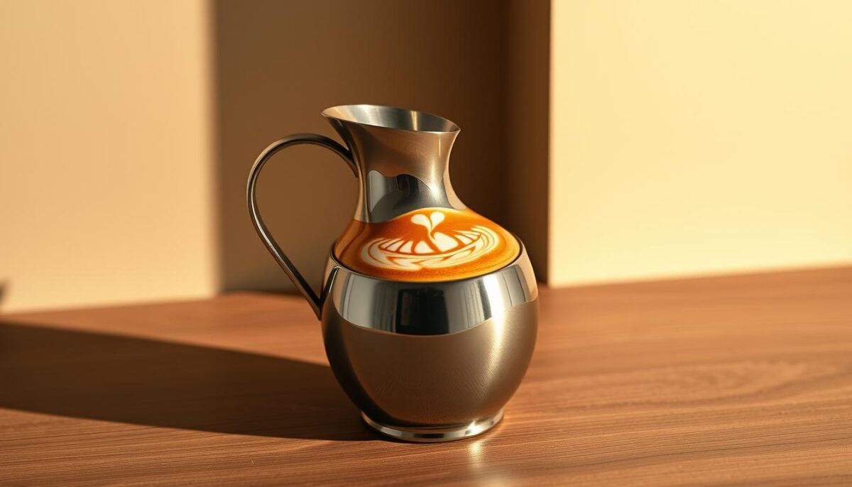 A highly detailed, elegantly designed milk frothing pitcher set against a softly lit, minimalist backdrop. The pitcher features a gleaming stainless steel exterior with a gently curved silhouette, reflecting the warm ambient lighting. The surface is adorned with intricate latte art, showcasing a detailed pattern of swirls and peaks, expertly crafted to elevate the presentation of the perfect cappuccino or flat white. The pitcher sits atop a muted, wooden surface, accentuating the sleek, modern aesthetic. Subtle shadows and highlights emphasize the pitcher's form, drawing the viewer's attention to the mesmerizing latte art. The overall scene exudes a sense of refinement, professionalism, and the artistry inherent in the craft of home barista-ing.