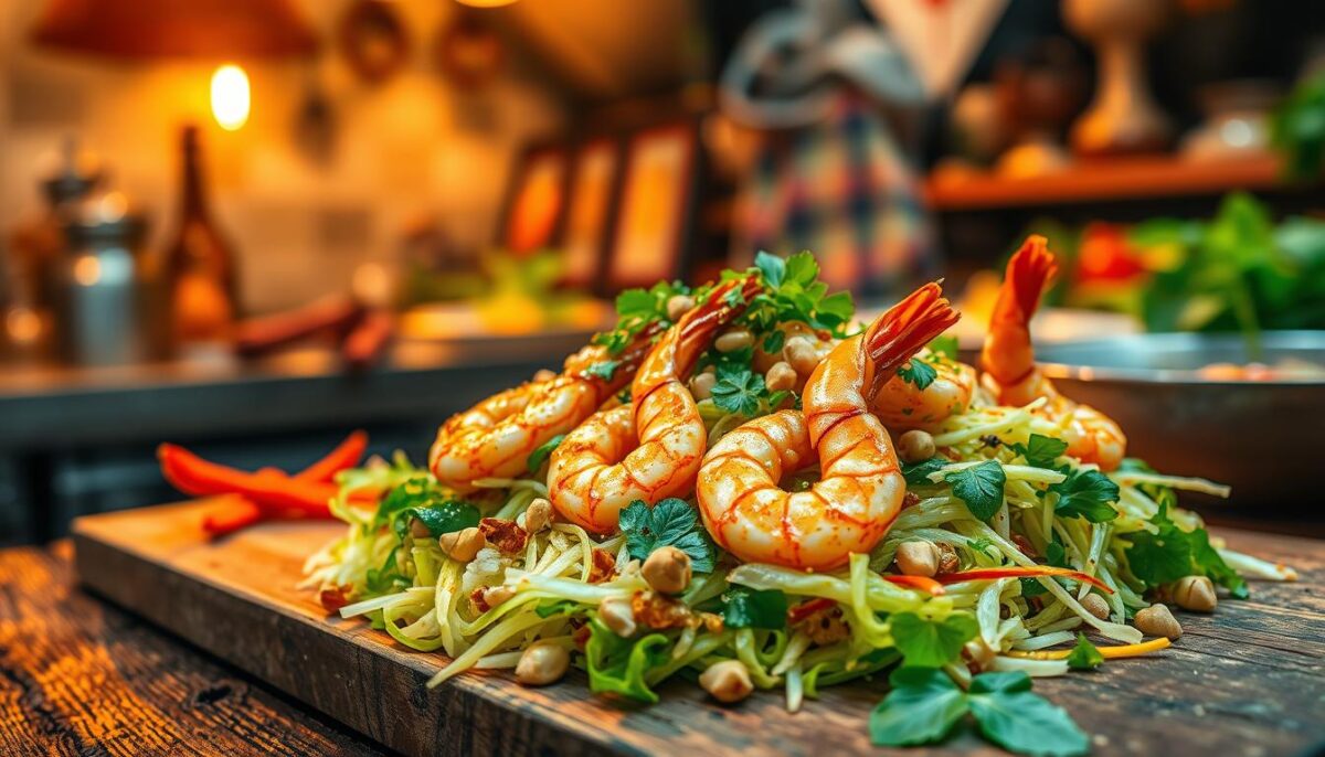 A lush, vibrant scene of a Thai papaya salad dish, with fresh, juicy shrimp nestled among shredded green papaya, crunchy peanuts, and a vibrant array of herbs and spices. The dish is presented on a rustic wooden table, with a warm, golden light illuminating the textures and colors. In the background, a blurred, atmospheric scene showcases the essence of a traditional Thai kitchen, with hints of spices and the aroma of sizzling ingredients. The overall mood is one of comfort, indulgence, and a deep connection to the flavors and traditions of Thai cuisine.