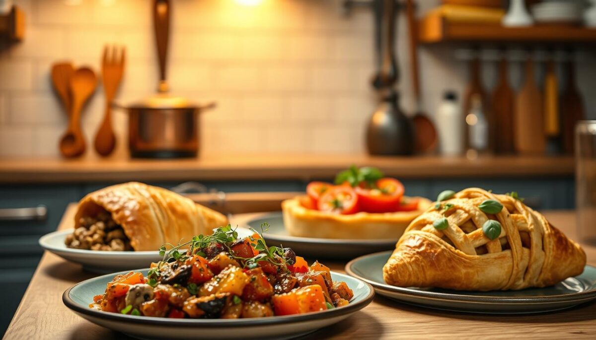 A modern kitchen with a rustic, homely charm. Overhead, soft, warm lighting casts a golden glow on a central display of traditional French dishes, each with a contemporary twist. In the foreground, a plate of ratatouille with a drizzle of herb-infused olive oil and a sprinkling of microgreens. Beside it, a flaky croissant filled with a savory mushroom duxelle. In the middle ground, a vibrant tomato and basil tart, its crust adorned with intricate lattice work. The background features a vintage copper pot and wooden utensils, hinting at the rich culinary heritage that inspires these inventive reinterpretations. The overall atmosphere is one of blended tradition and innovation, capturing the spirit of the "Modern Twists on Traditional French Dishes" section.