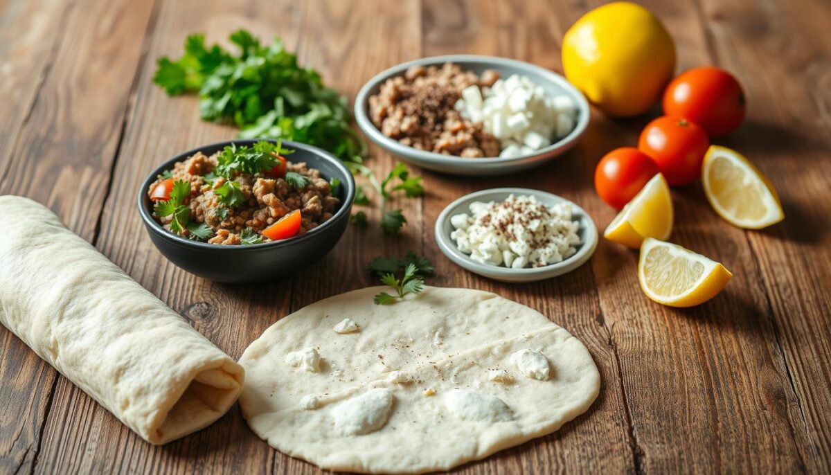 A neatly arranged selection of classic Turkish pizza (lahmacun) ingredients on a rustic wooden table. In the foreground, freshly rolled dough, a bowl of minced meat seasoned with spices, chopped parsley, tomatoes, and lemon wedges. In the middle ground, a small plate holding crumbled feta cheese, sliced onions, and a sprinkle of sumac. The background features a clean, natural lighting setup, casting soft shadows and highlighting the vibrant colors of the ingredients. The overall mood is one of culinary authenticity and home-cooked simplicity, setting the stage for the perfect homemade lahmacun.