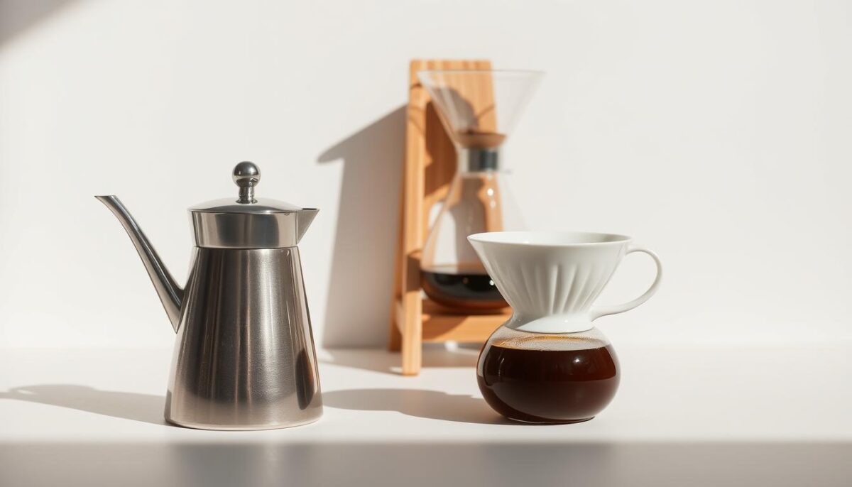 A neatly arranged still life capturing the essential components for a pour-over coffee setup. In the foreground, a gleaming metal gooseneck kettle, its curved spout poised to pour hot water. Beside it, a white ceramic dripper, its clean lines and perforated base waiting to receive freshly ground beans. In the middle ground, a wooden stand holds a glass carafe, its transparent body revealing the deep amber tones of the brewed coffee. The background features a minimal, light-toned surface, allowing the featured elements to take center stage and create a sense of understated elegance. Natural lighting casts soft shadows, adding depth and dimensionality to the scene. The overall mood is one of simplicity, precision, and the anticipation of a perfectly crafted cup of coffee.