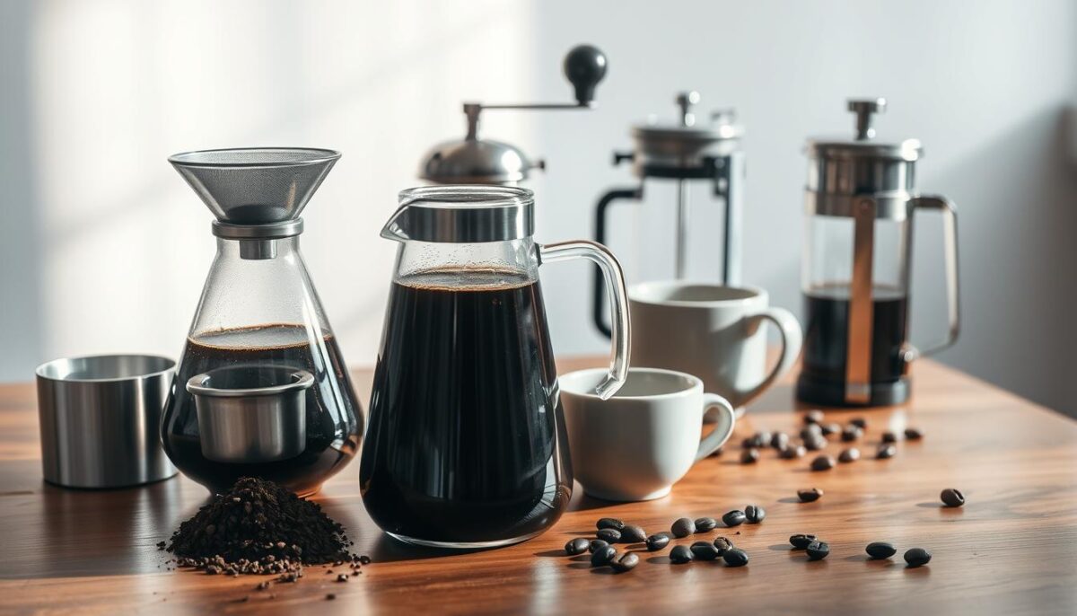 A neatly arranged still life of cold brew ingredients and equipment on a wooden table, illuminated by soft natural light from a window. In the foreground, a glass carafe filled with rich, dark cold brew, accompanied by a stainless steel filter, coffee grounds, and a sleek, modern coffee grinder. In the middle ground, a vintage-style french press, a ceramic mug, and a few whole coffee beans scattered casually. The background features a minimalist white wall, adding a clean, uncluttered ambiance to the scene. The overall mood is one of simplicity, practicality, and the appreciation of well-crafted coffee-making tools.