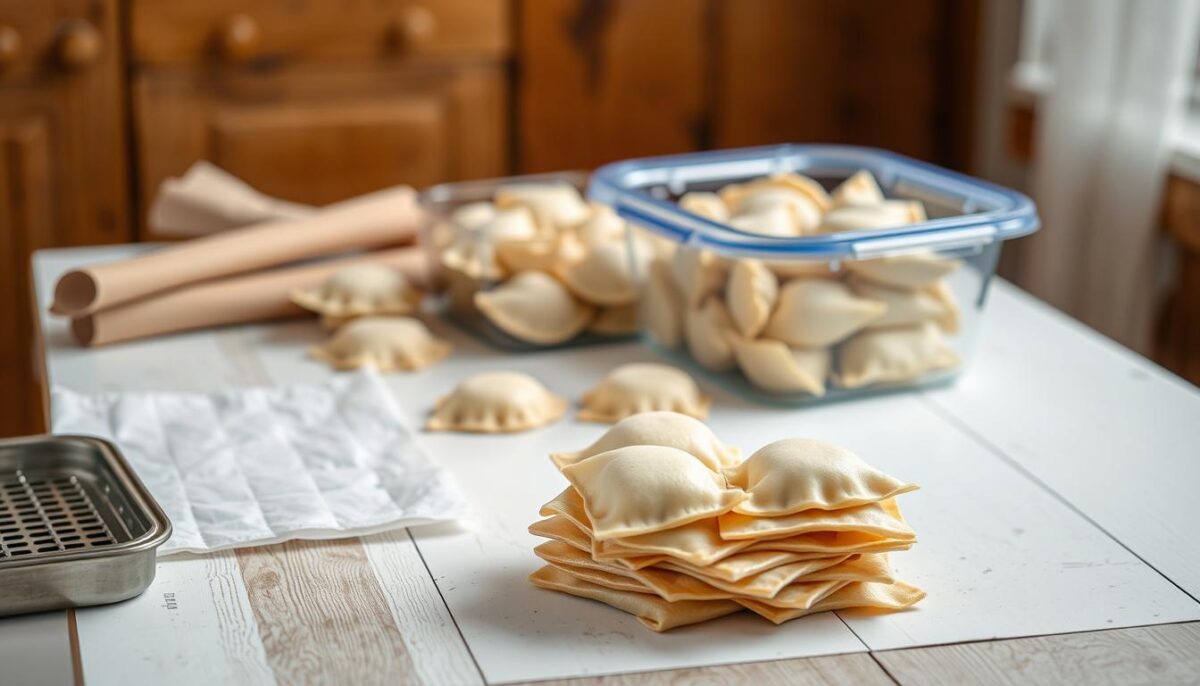 A neatly arranged wooden table with a white surface, showcasing a stack of freshly made pelmeni (Russian dumplings) alongside a variety of freezing supplies. In the foreground, a metal steamer tray and parchment paper are visible, hinting at the proper storage and freezing techniques. The middle ground features a glass container filled with pelmeni, ready to be placed in the freezer. The background is softly lit, creating a cozy, rustic atmosphere, as if to evoke the comfort of a traditional Russian kitchen during the winter months.