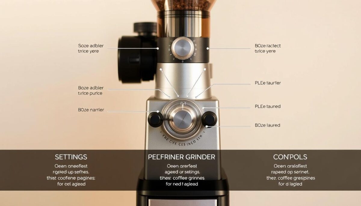 A neatly organized guide displaying various coffee grinder settings and controls, backlit against a soft, neutral background. The grinder itself is the central focus, with its adjustment dials, burrs, and hopper prominently featured. Warm, natural lighting creates a sense of calm and professionalism, highlighting the intricate mechanisms and suggesting a high-quality, precision instrument. The layout is clean and minimalist, allowing the grinder's features to take center stage and guide the viewer through the optimal settings for brewing exceptional coffee.