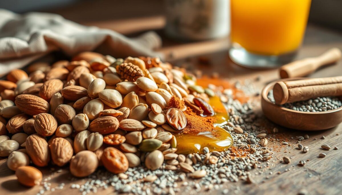 A nourishing breakfast of assorted nuts and seeds, captured in a soft, natural light. In the foreground, an artful arrangement of almonds, cashews, pumpkin seeds, and chia seeds, their textures and colors contrasting beautifully. In the middle ground, a drizzle of raw honey and a sprinkle of cinnamon add warmth and depth. The background features a rustic wooden table, with a simple linen napkin and a glass of fresh orange juice, evoking a sense of wholesome, health-conscious elegance. The overall mood is inviting, earthy, and energizing, perfectly suited to inspire a nutritious, immune-boosting start to the day.