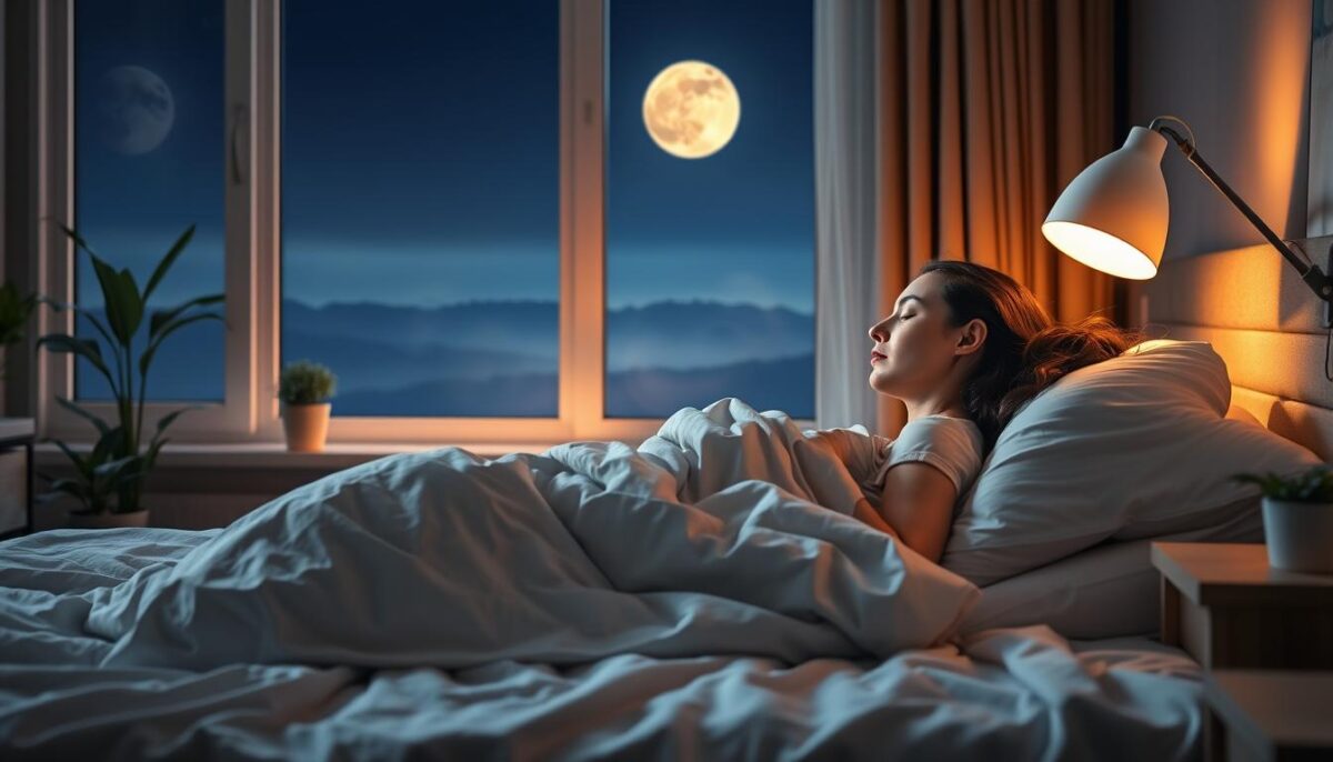 A peaceful, serene bedroom scene at night. A tranquil sleeping woman on a comfortable bed, wrapped in soft, cozy bedsheets. Warm, ambient lighting from a bedside lamp creates a calming atmosphere, casting gentle shadows. In the background, a window overlooks a serene, moonlit landscape, representing the importance of sleep and relaxation. Soothing natural elements like potted plants and natural wood furniture add to the restorative, stress-relieving vibe. The overall composition conveys a sense of rest, rejuvenation, and the crucial link between sleep, stress management, and a healthy immune system.